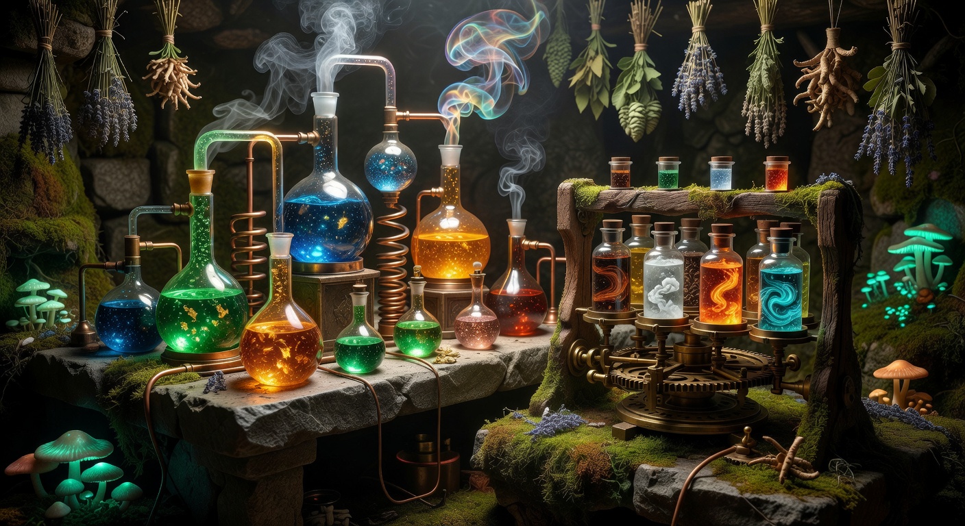 Mystical alchemy potion brewing setup with glowing liquids
